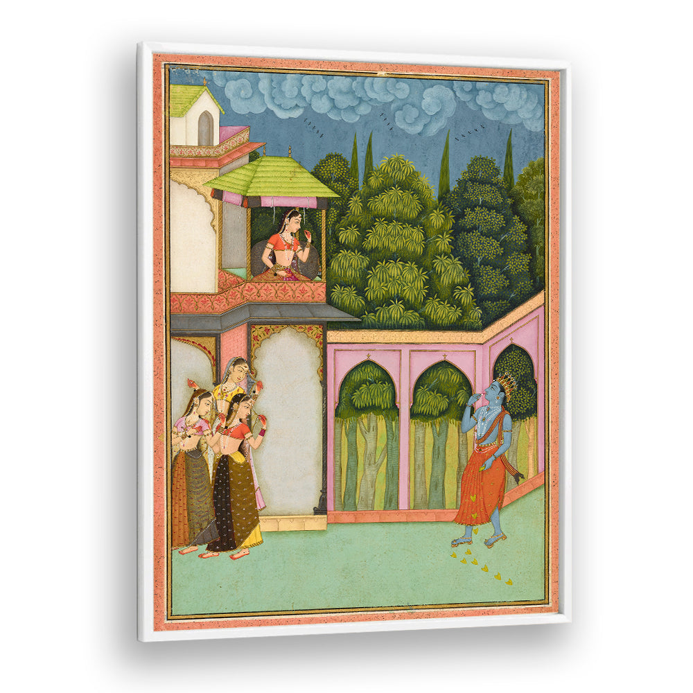 KRISHNA APPROACHES RADHA , INDIAN ART PAINTINGS
