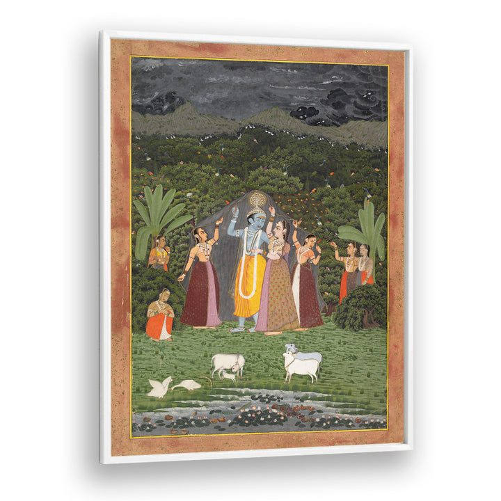 KRISHNA AND THE GOPIS TAKE SHELTER FROM THE RAIN , INDIAN ART PAINTINGS