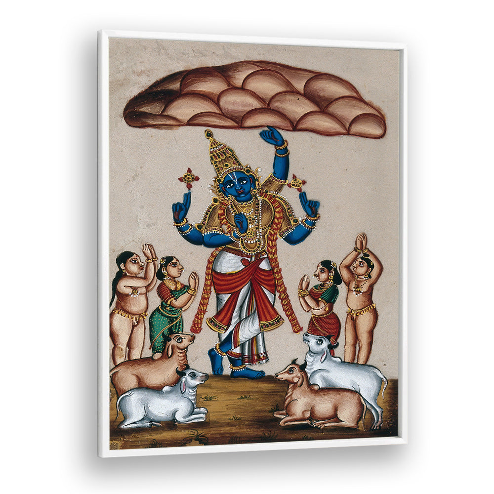 KRISHNA LIFTING MOUNT GOVARDHAN , INDIAN ART PAINTINGS