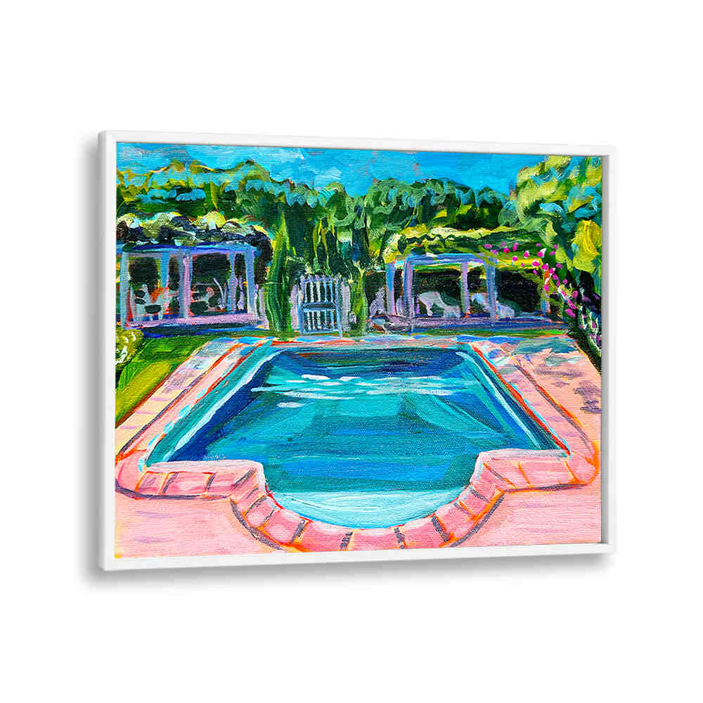 POOL AT THE CHÂTEAU , LANDSCAPE PAINTINGS showing a sunlit European château pool with serene water reflections and vivid colors