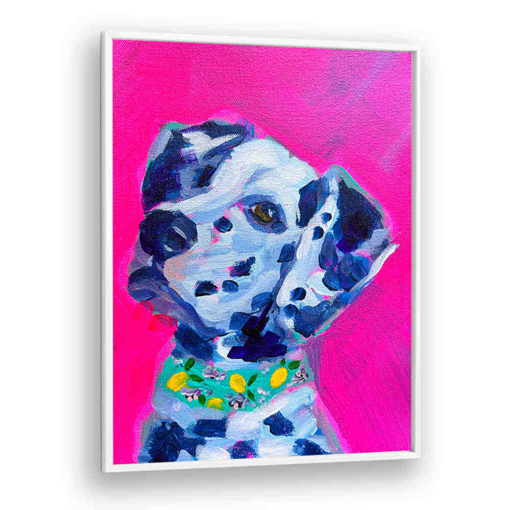 DALMATION , FASHION POSTERS vibrant pink canvas with stylized Dalmatian wearing lemon-patterned green collar, modern wall art