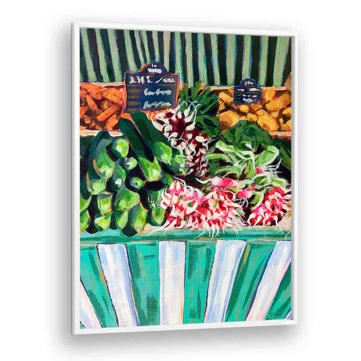 RAVISHING RADISHES , KITCHEN POSTERS bright illustrated radishes and greens on a striped market stall for farmhouse kitchens