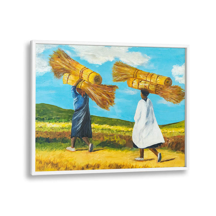 Two figures carrying bundles in a landscape, showcasing the essence of BALANCE, INDIAN ART PAINTINGS.