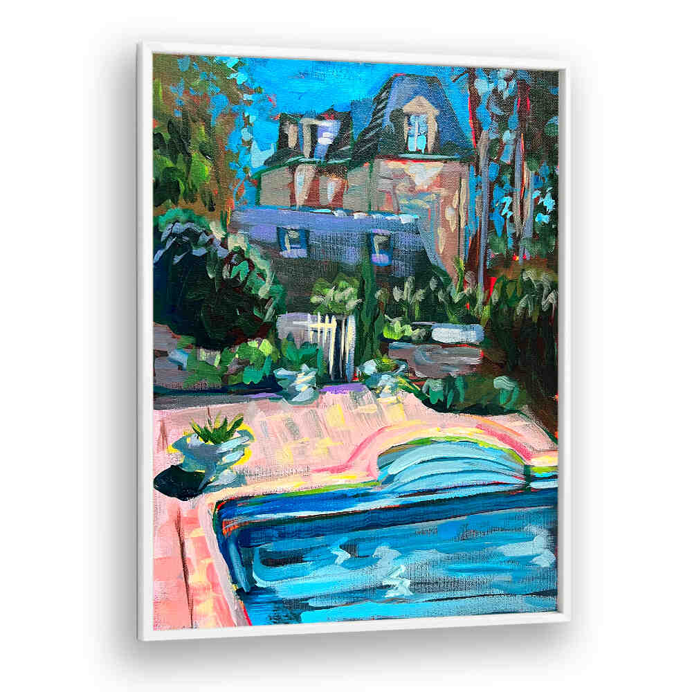 CHÂTEAU DE LA VIGNE , LANDSCAPE PAINTINGS sunlit chateau and vineyard with blue pool, painterly contemporary style
