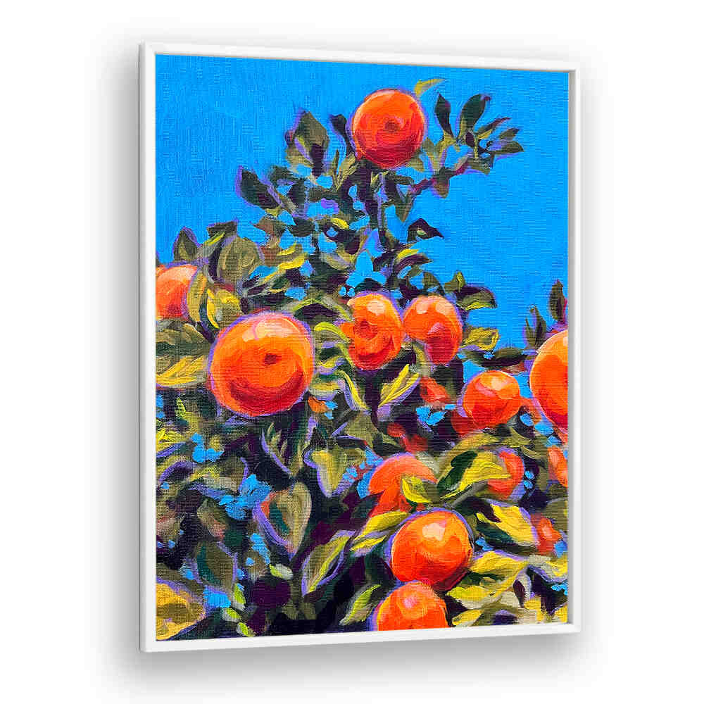 Vibrant painted Seville oranges on leafy branches against bright blue, framed SEVILLE ORANGES , KITCHEN POSTERS