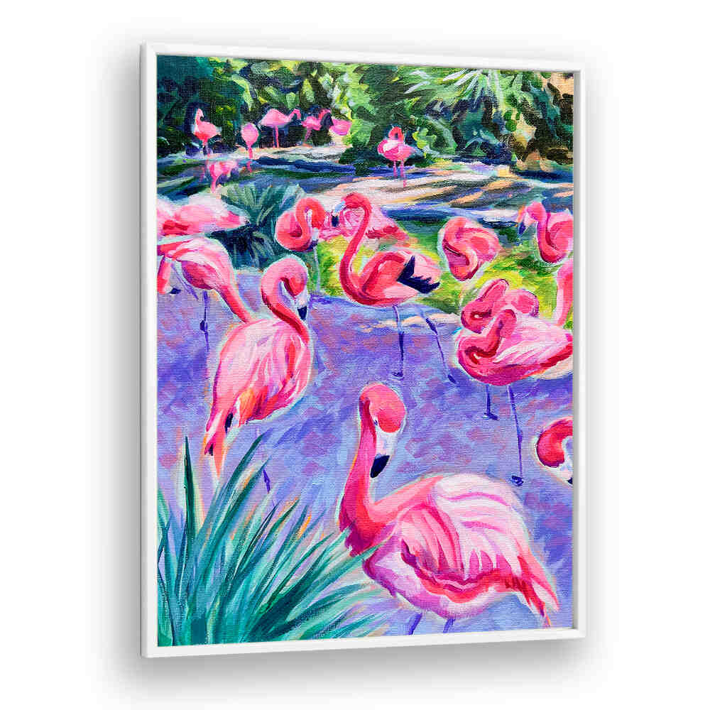 FLAMBOYANCE , ANIMAL PAINTINGS flamingo acrylics in vivid pinks with textured brushwork for bold contemporary decor