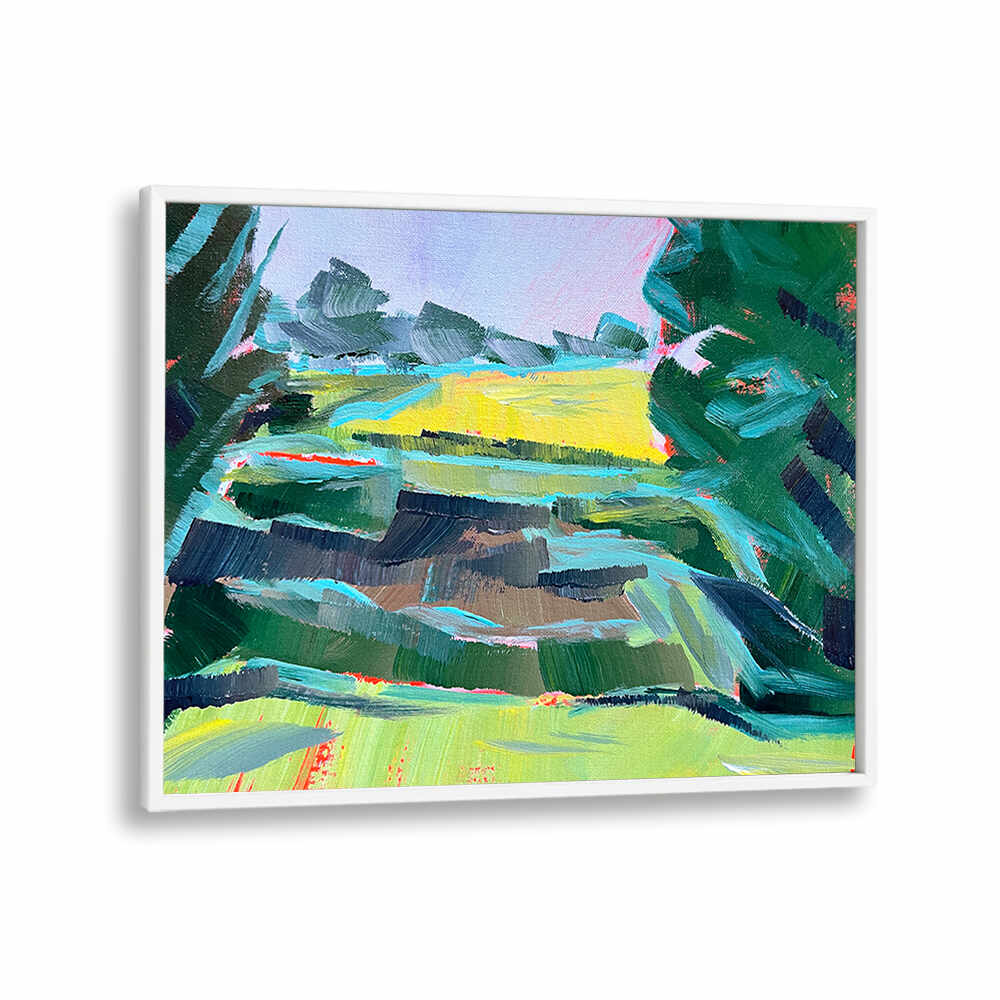 CANOLA FIELD DEUX , LANDSCAPE PAINTINGS vibrant painting of golden canola field beneath an expansive pastel sky