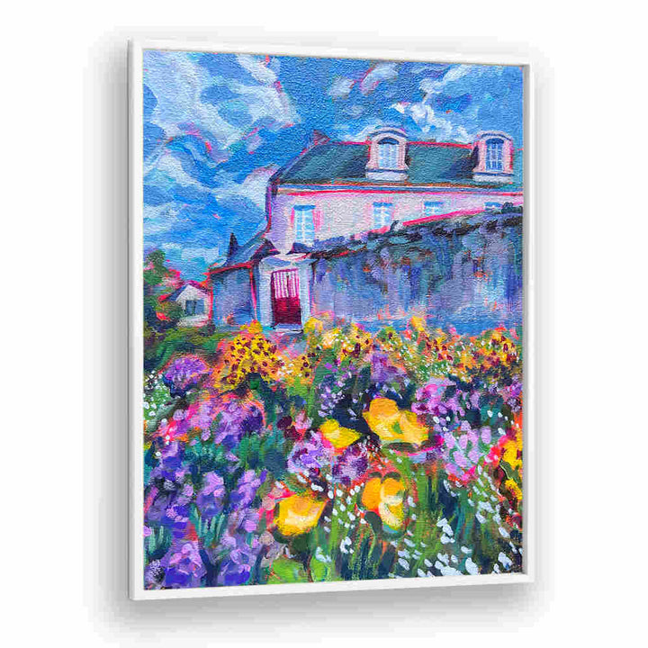 FLEURS , LANDSCAPE PAINTINGS showing vibrant flower garden foreground with cottage and bright cloudy sky serenity