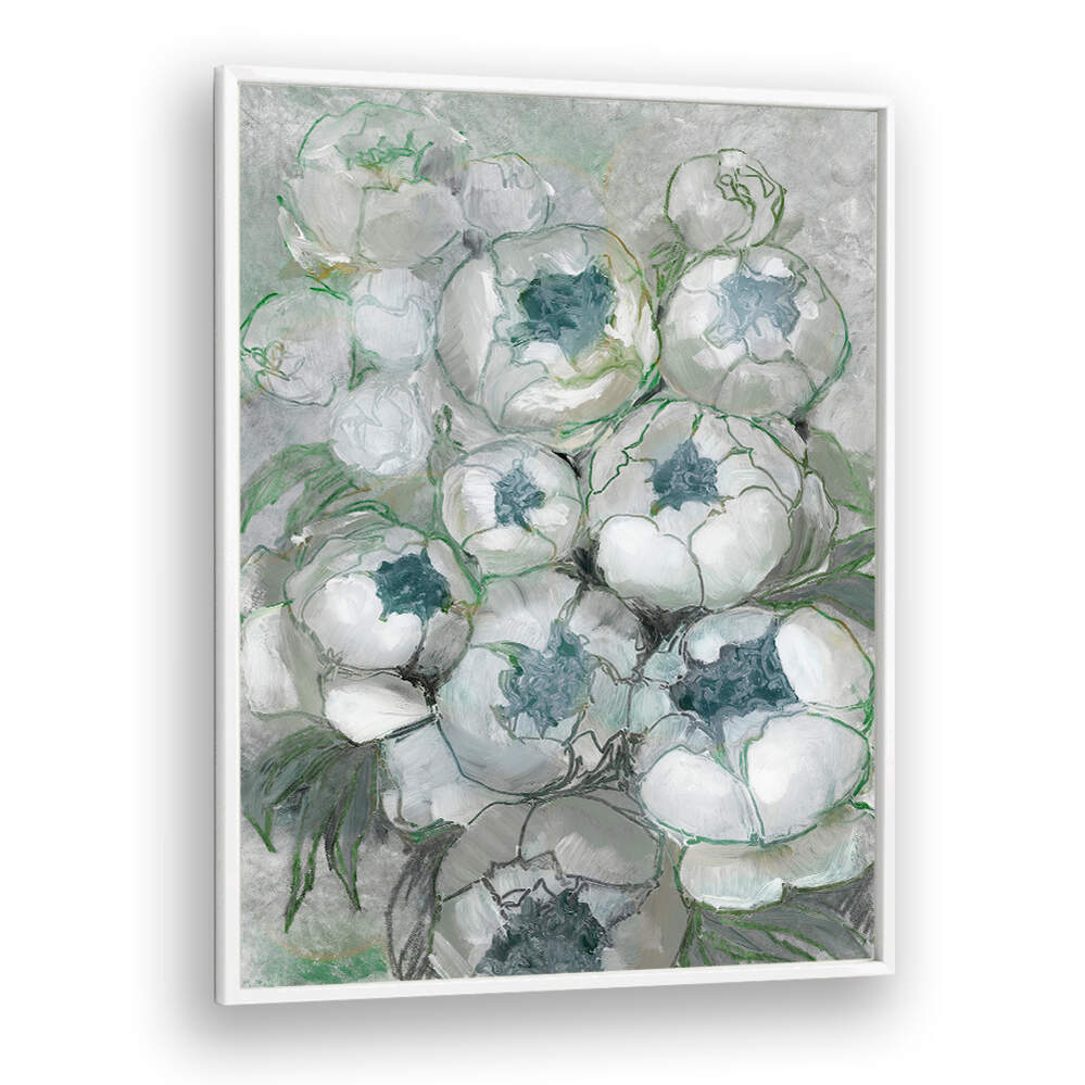 NURIA BOUQUET OF PEONIES IN TEAL AND GREEN , FLORAL FLOWER PAINTINGS