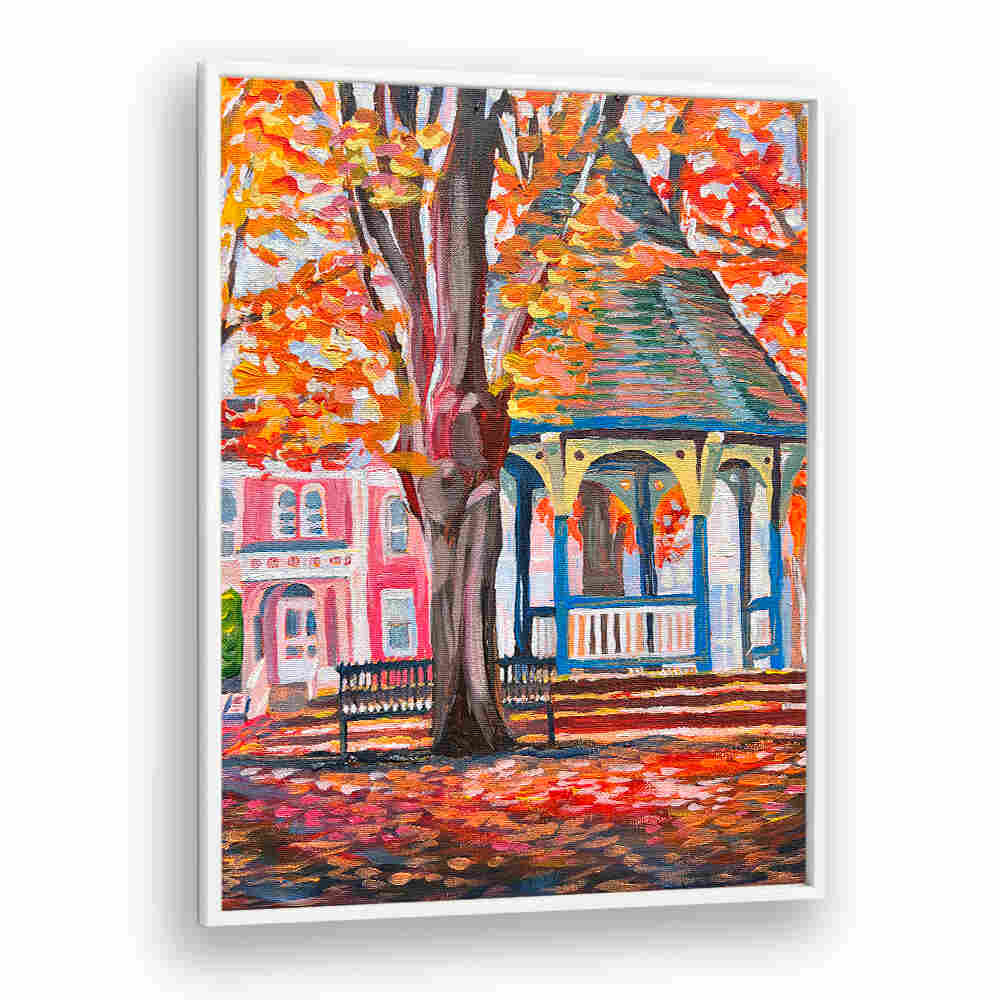 CORN HILL , LANDSCAPE PAINTINGS autumn gazebo and bench beneath orange maples, vibrant pastoral canvas for home decor