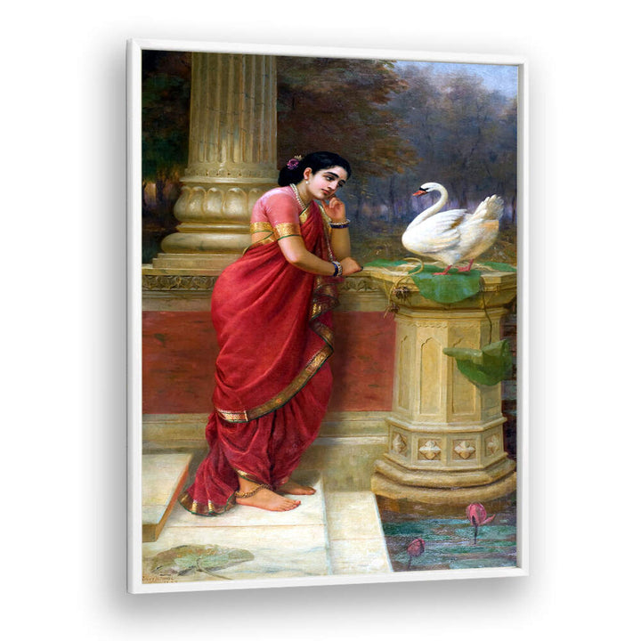 RAVI VARMA PRINCESS DAMAYANTHI TALKING WITH ROYAL SWAN ABOUT NALA , INDIAN ART PAINTINGS