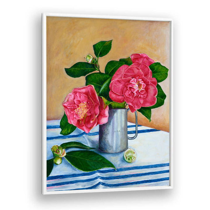 Vibrant Camelia floral flower paintings showcasing exquisite blooms in a charming vase, perfect for home decor.