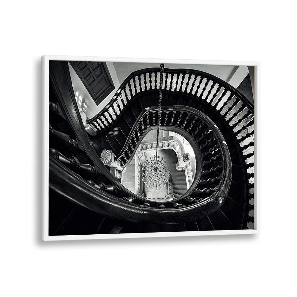 CHANDELIER AND STAIRS B&W , PHOTOGRAPHY PRINTS