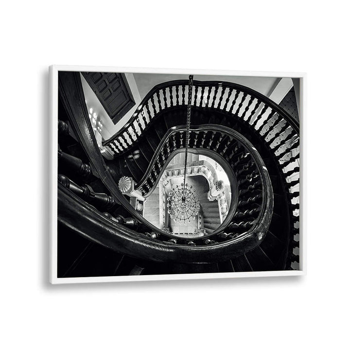 CHANDELIER AND STAIRS B&W , PHOTOGRAPHY PRINTS