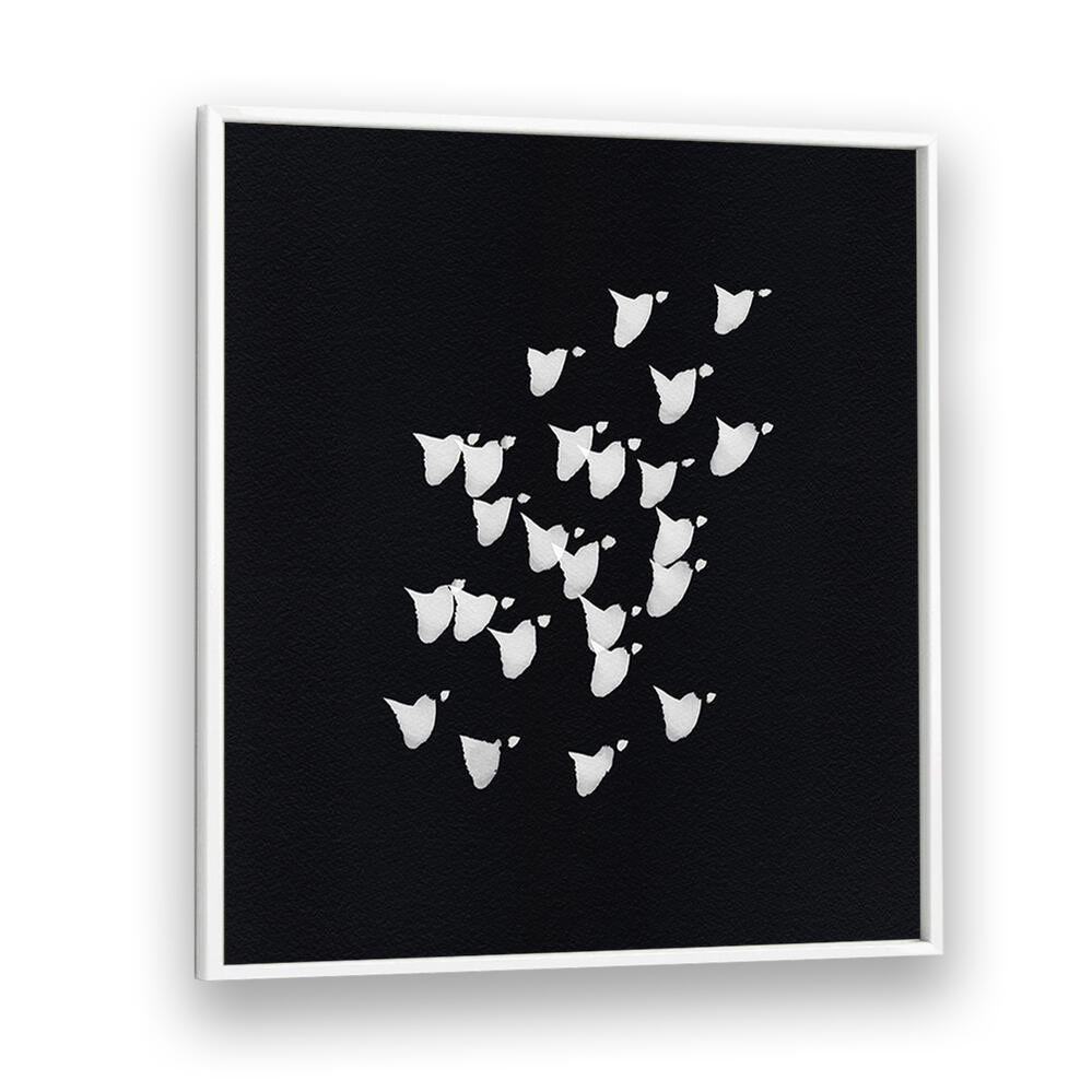 Stunning BIRDS IN FLIGHT UPWARDS BW, ABSTRACT PAINTINGS, showcasing ethereal freedom and modern artistry in black and white.