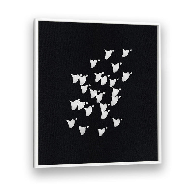 Stunning BIRDS IN FLIGHT UPWARDS BW, ABSTRACT PAINTINGS, showcasing ethereal freedom and modern artistry in black and white.