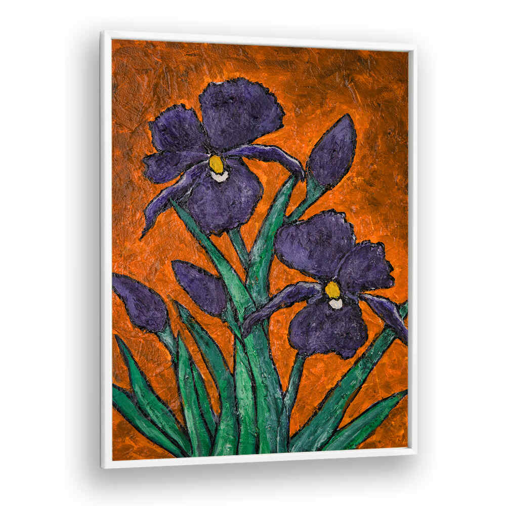 Vibrant IRISES III, FLORAL FLOWER PAINTINGS showcase stunning purple irises against an orange backdrop, perfect for any space.