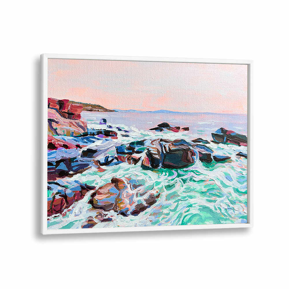 THUNDER HOLE , BEACH PAINTINGS canvas by Imagy: pastel sky, crashing waves over rocky rocky coastline, vibrant seascape