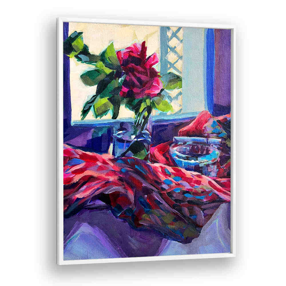 ROSE FRANÇAISE , FLORAL FLOWER PAINTINGS: vibrant rose bouquet in vase by a sunlit window with colorful draped scarf