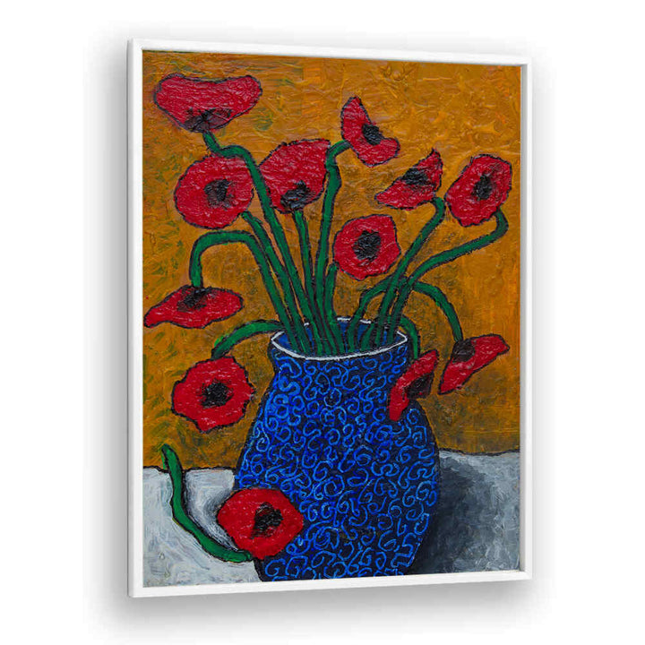 Vibrant POPPIES, FLORAL FLOWER PAINTINGS in a blue vase, perfect for enhancing any space with elegance.