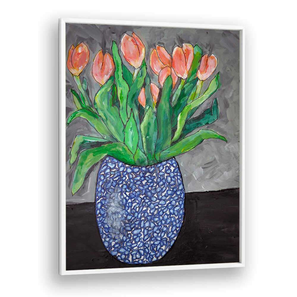 Vibrant tulips in a blue vase showcase the beauty of nature in TULIPS IN BLUE VASE I, FLORAL FLOWER PAINTINGS.