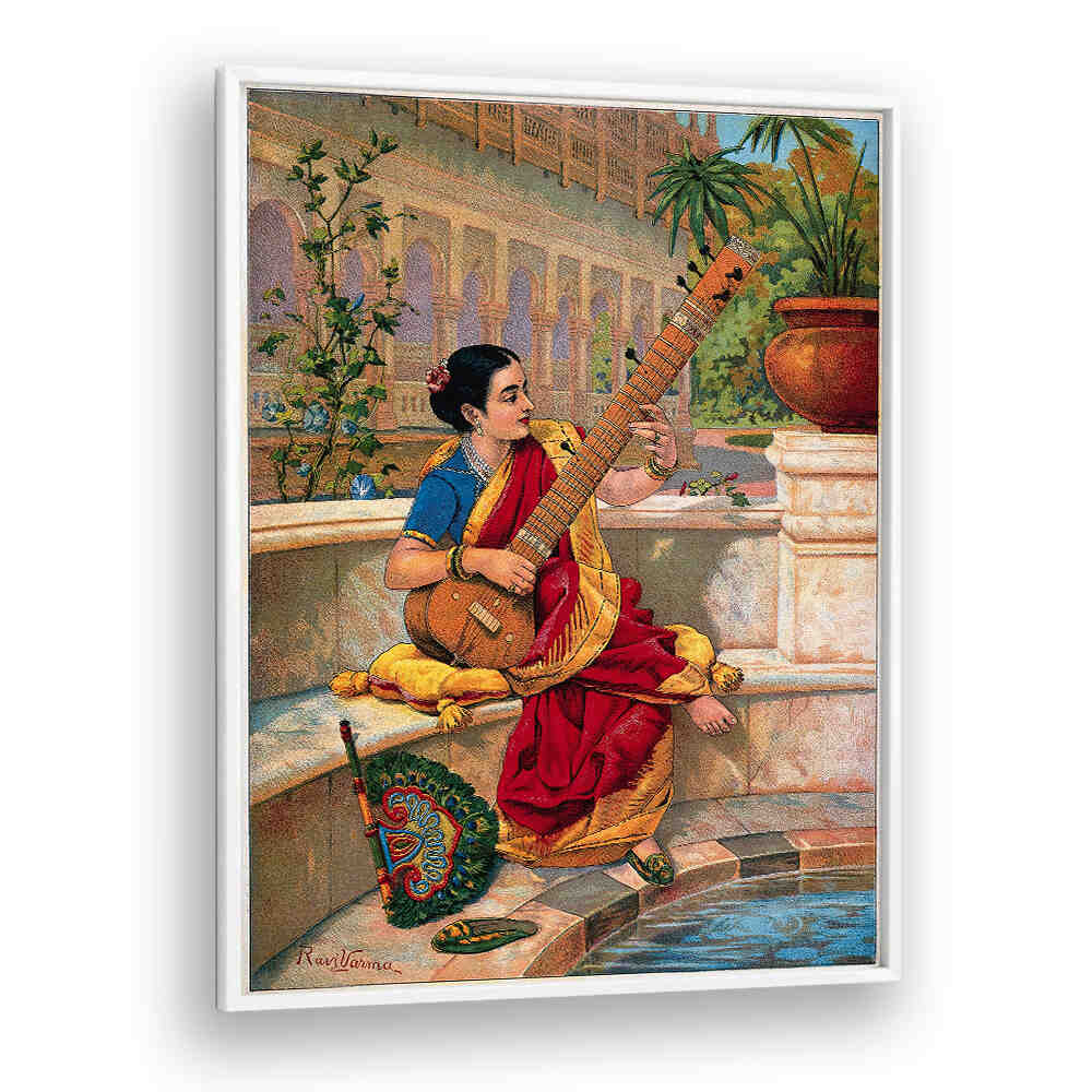 A SEATED INDIAN WOMAN PLAYS A SITAR NEXT TO A GARDEN POND , INDIAN ART PAINTINGS