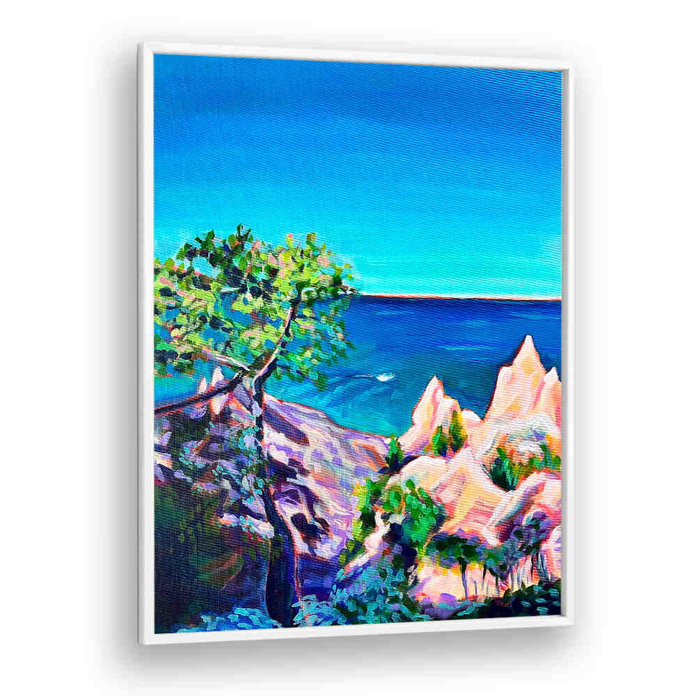 CHIMNEY BLUFFS , LANDSCAPE PAINTINGS showing textured cliffs, whispering grasses and wide sea horizon, vibrant palette