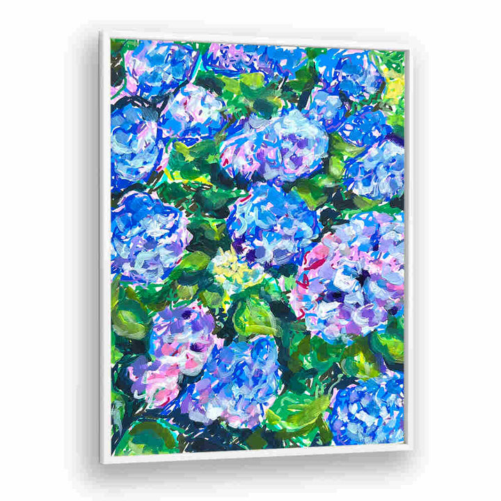 HYDRANGEAS , FLORAL FLOWER PAINTINGS — vibrant blue and pink hydrangea clusters with lush green leaves on canvas