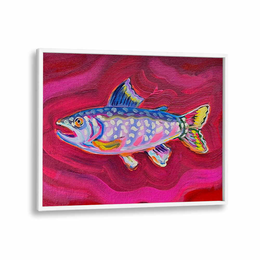 TROUT , KITCHEN POSTERS showcasing a vibrant painted trout on magenta swirled background, framed coastal kitchen art.