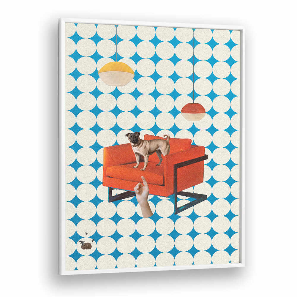 Surreal art print "IT WAS YOU" features a dog on a red sofa against a blue and white patterned background.