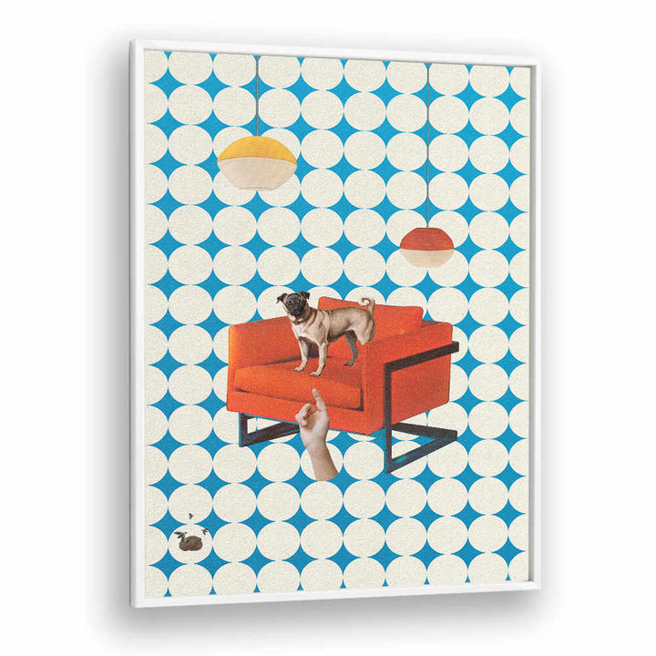Surreal art print "IT WAS YOU" features a dog on a red sofa against a blue and white patterned background.