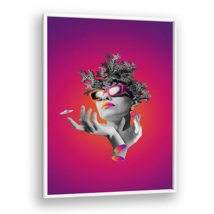 Surreal art print featuring a stylish lady with vibrant colors, perfect for decor. Discover LADY ON PINK, SURREAL ART PRINTS.