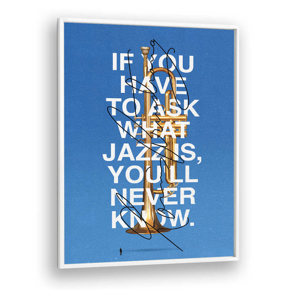 Stylish LOUIS, MUSIC POSTERS featuring a trumpet and a famous jazz quote against a blue background. Perfect for music lovers.