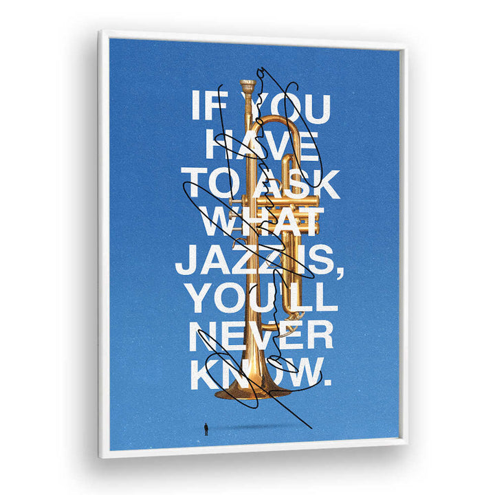 Stylish LOUIS, MUSIC POSTERS featuring a trumpet and a famous jazz quote against a blue background. Perfect for music lovers.