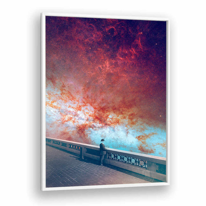 Surreal scene from MY-SPACE, SURREAL ART PRINTS, featuring a man gazing at a cosmic sky backdrop.