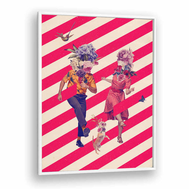 Vibrant PARTY TIME, SURREAL ART PRINTS featuring colorful floral faces and joyful dancers on striped background.