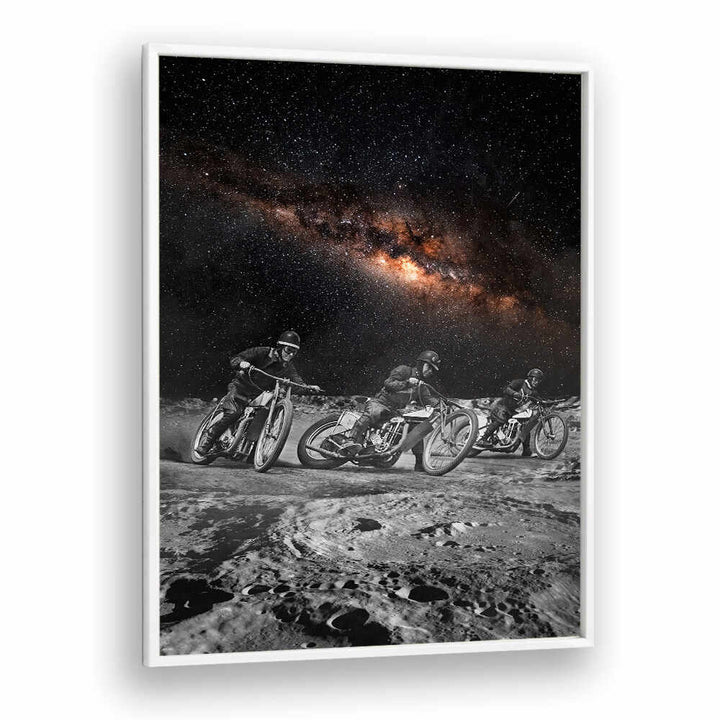 Surreal art print featuring RIDERS racing on a lunar landscape with a galaxy backdrop, perfect for unique decor.