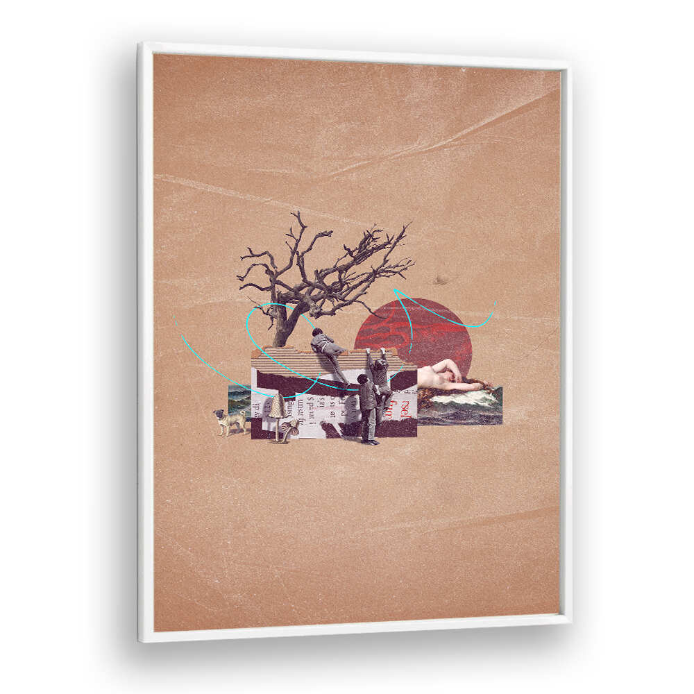 Surreal art print featuring a tree, figures, and abstract elements, perfect for fans of SECRET, SURREAL ART PRINTS.