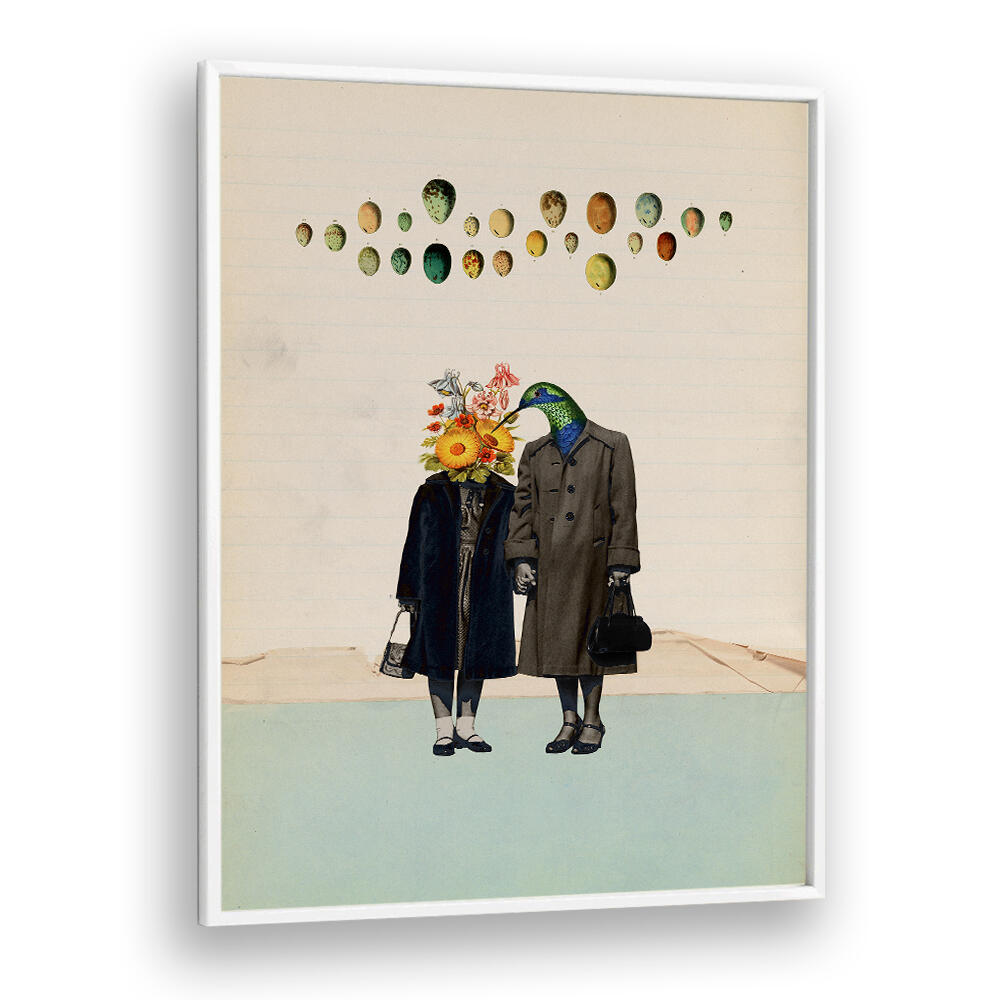 Surreal art print titled "SOULMATE," featuring whimsical figures with floral and bird elements, perfect for unique decor.