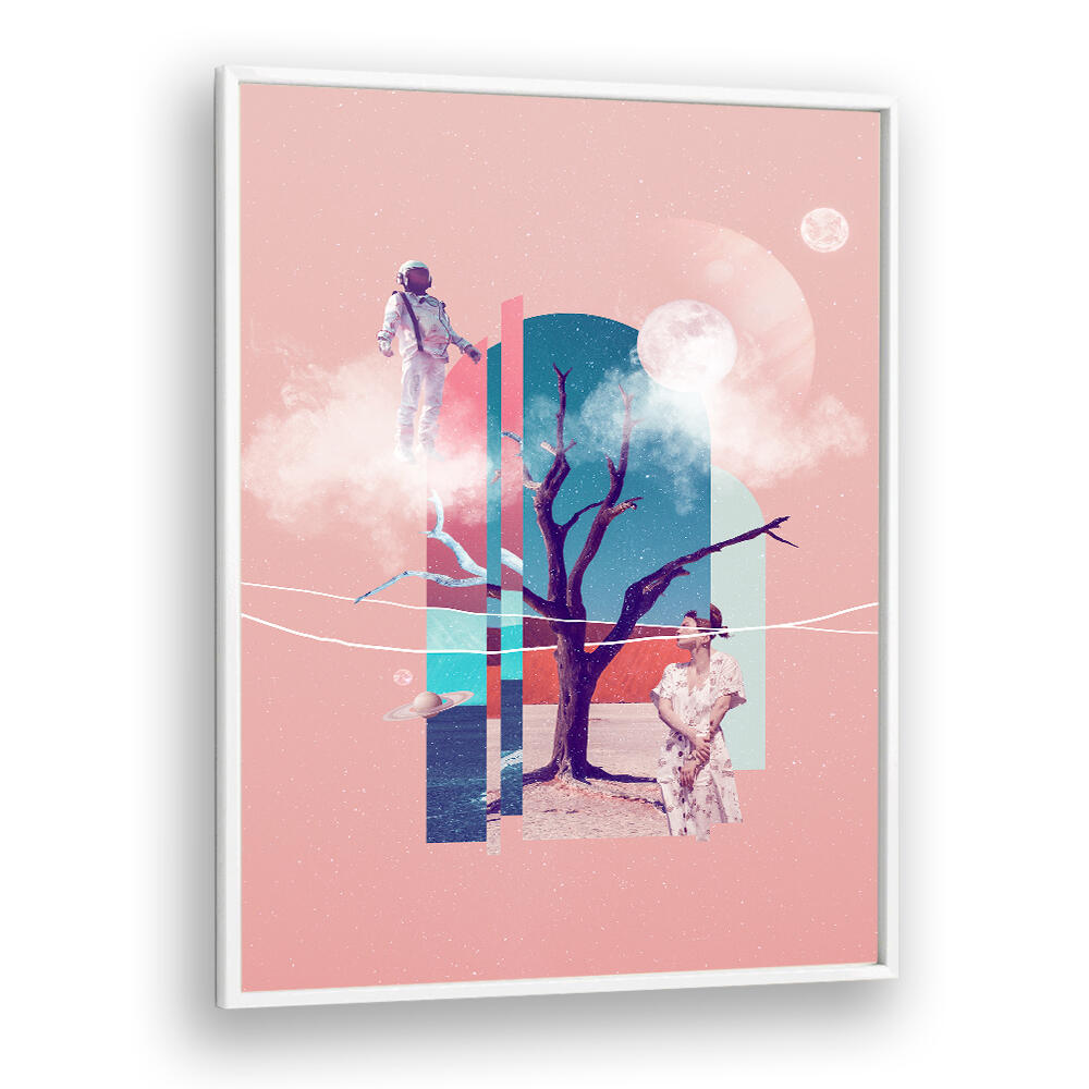 Surreal art print "SPACE LOVE" featuring an astronaut and a dreamy landscape, perfect for unique decor.