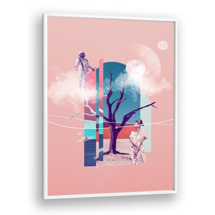 Surreal art print "SPACE LOVE" featuring an astronaut and a dreamy landscape, perfect for unique decor.