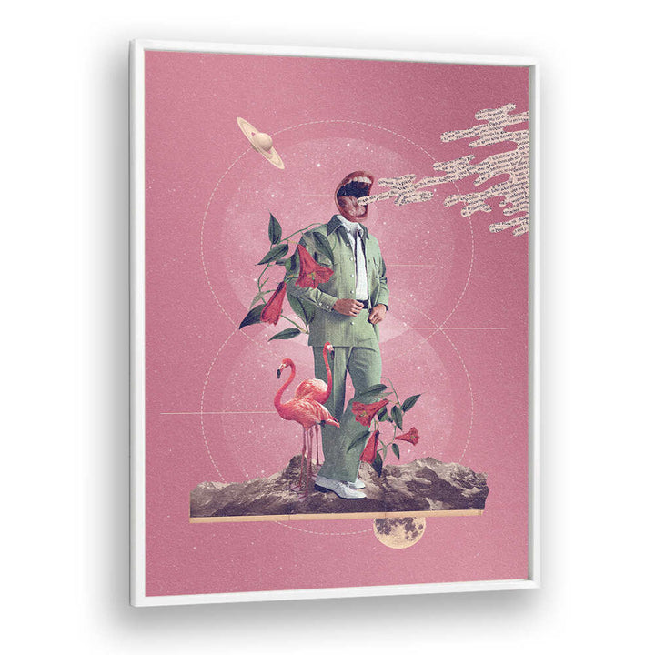 Surreal art print "TALK TO ME" features a stylish figure with flamingos, perfect for unique decor.
