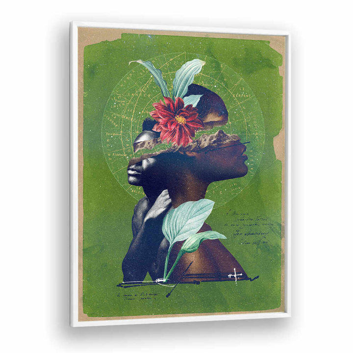 Surreal art print "THE ROOTS" featuring vibrant florals and layered faces, perfect for unique home decor.