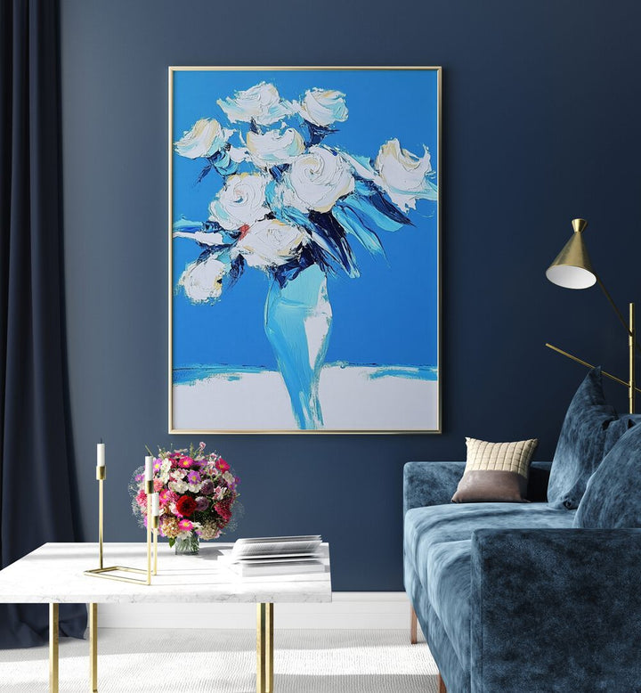Elegant WHITE ROSES IN A BLUE VASE create a charming centerpiece, enhancing any home decor beautifully.