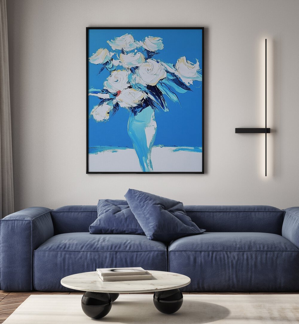 Elegant WHITE ROSES IN A BLUE VASE create a stunning centerpiece, enhancing any room's decor beautifully.
