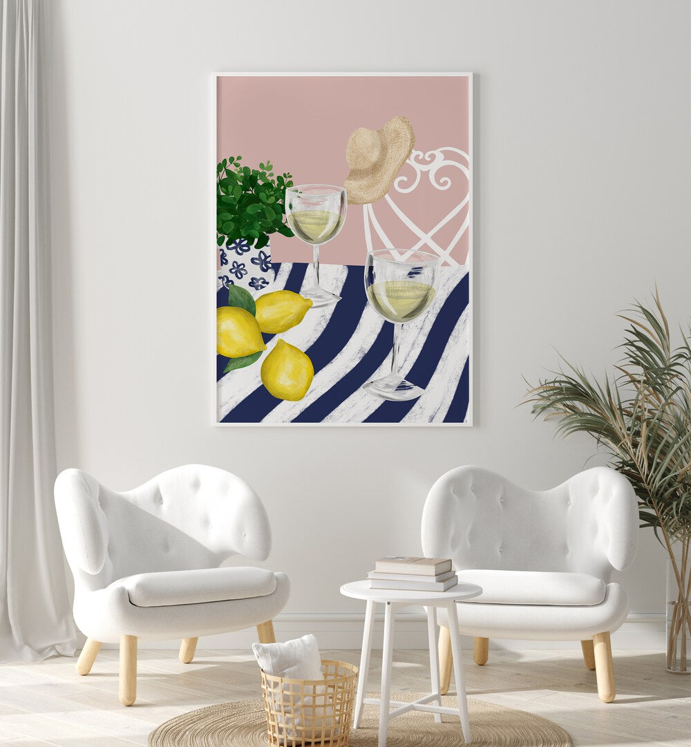 Stylish art featuring WHITE WINE FOR TWO, BAR with lemons and glasses, perfect for cafe decor.