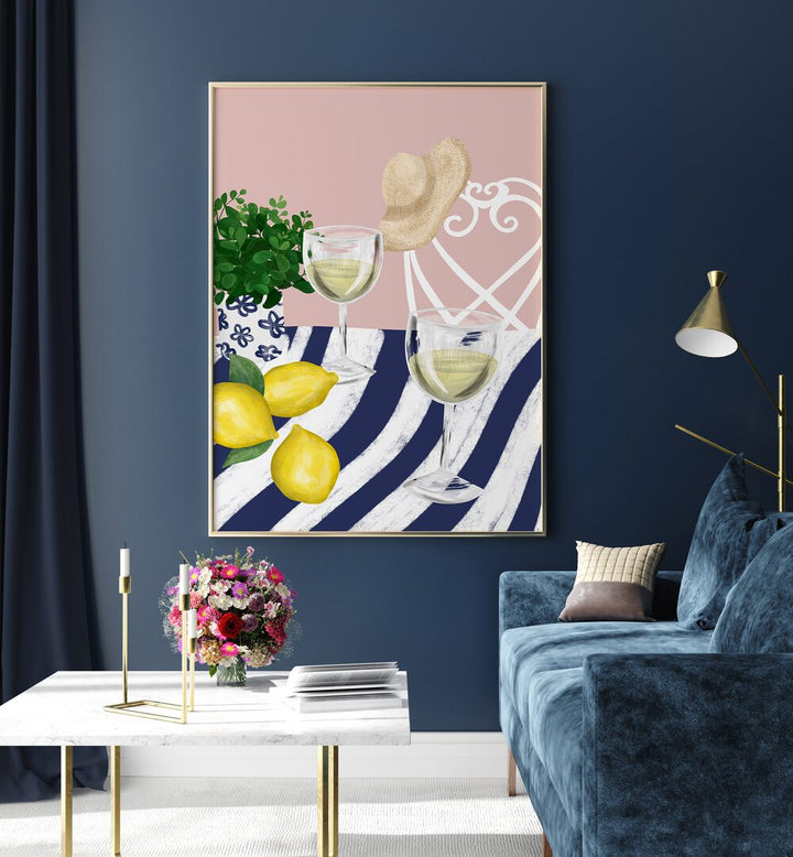 Stylish decor featuring WHITE WINE FOR TWO, BAR art with glasses and lemons, perfect for cafes and modern spaces.
