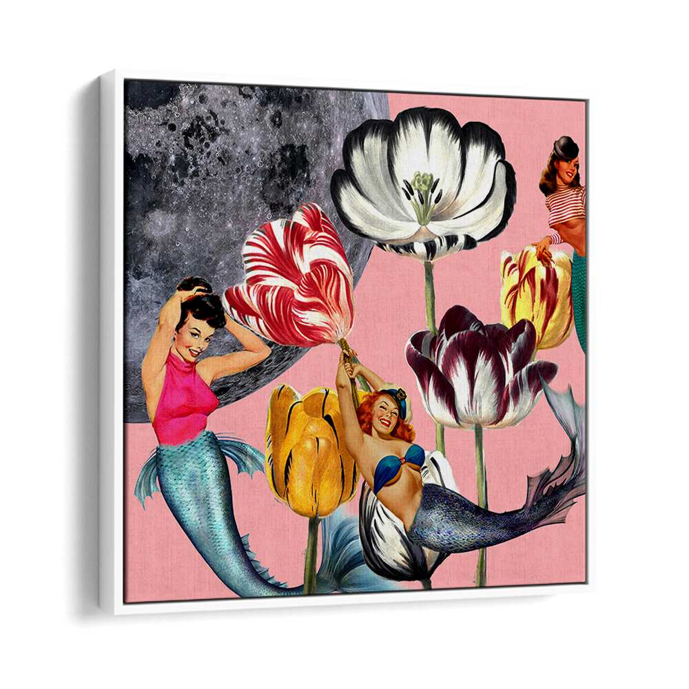 Whimsical illustration featuring mermaids and flowers against a moon backdrop, perfect for MERMAID ON THE MOON, PORTRAITS.