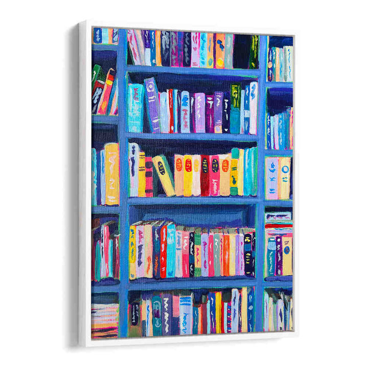 BOOKSHELF AT THE CHÂTEAU , FASHION POSTERS — colorful framed bookshelf print with couture-inspired posters by Imagy