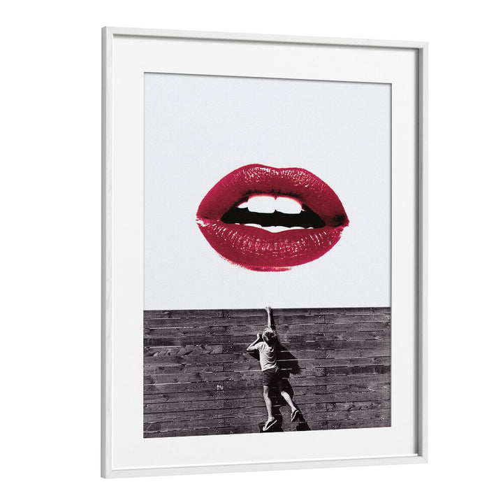 Curious Lips, Altered Art Prints showcase vibrant lips above a playful black-and-white scene, perfect for any art collection.